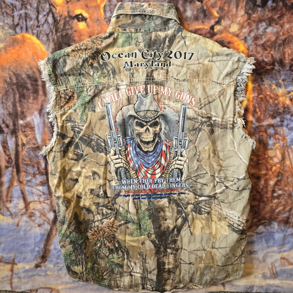 Bike Week 17 Ocean City Camo 2nd Amendment Gun Button Up Y2K Biker Denim Top XL